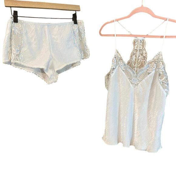 In Bloom by Jonquil Icy Blue Lace Satin Cami Shorts Set M Bridal Sleepwear - Picture 1 of 10